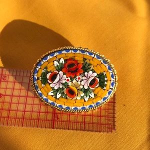 Antique Italy gra car Mosaic Flowers Brooch